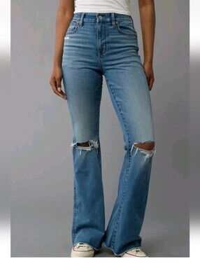 American Eagle Super High Rise Flare Jeans Stretch Medium Wash Boho Festival 14